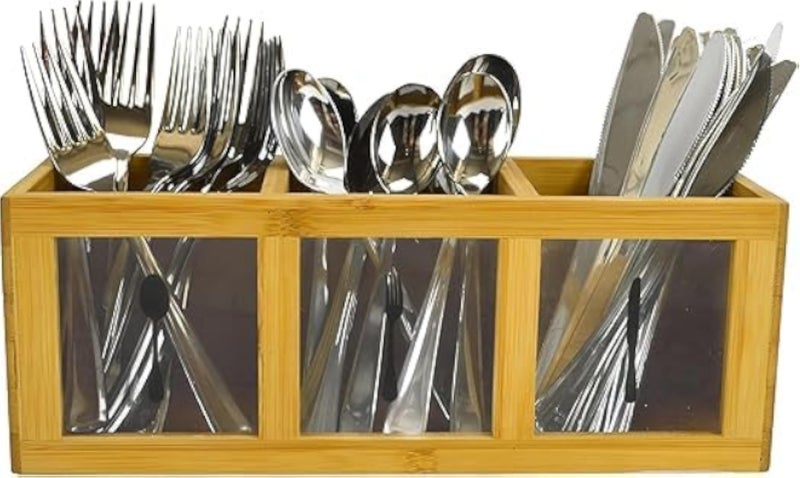 Cutlery Tray - Large 3-Compartment Wooden Holder for Forks, Spoons, and Knives, Single